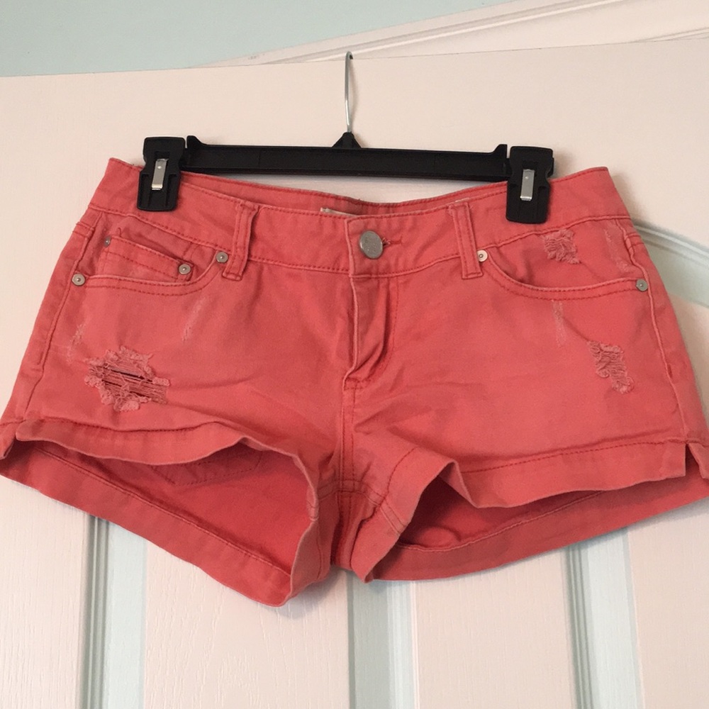 Coral orange jean shorts distressed